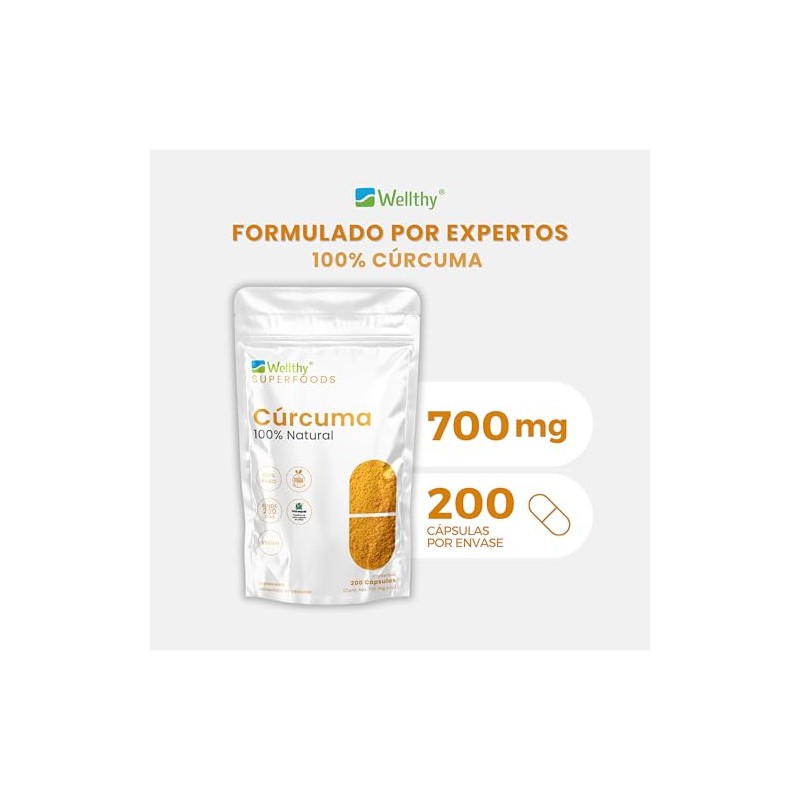 Wellthy Cúrcuma 200 CÁPSULAS 700mg c/u. Solo 1 Cápsula al