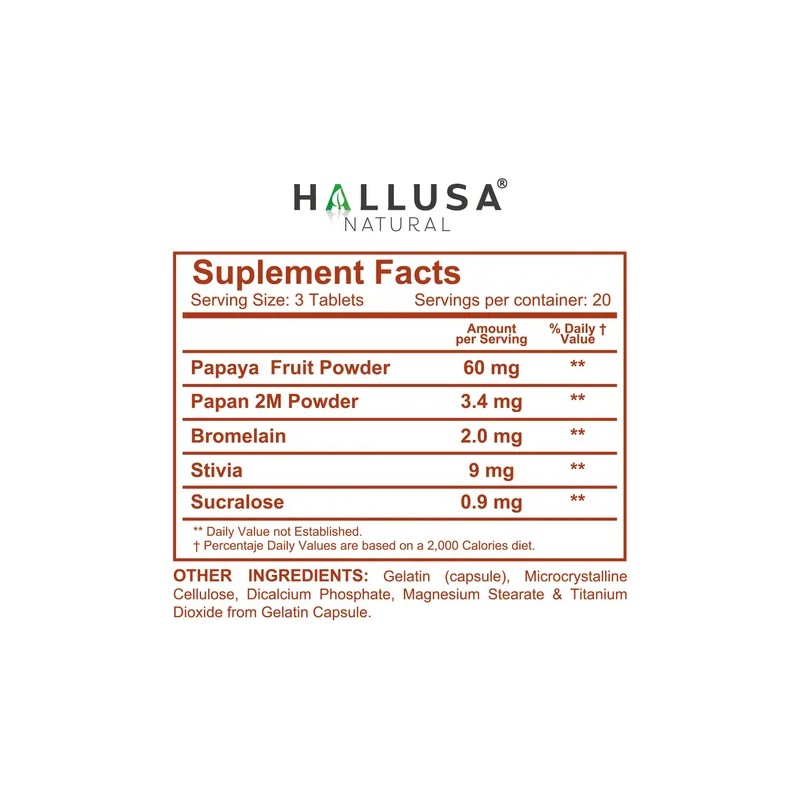 Hallusa Papaya Enzyme Enzimas Digestivas 60 Tabletas