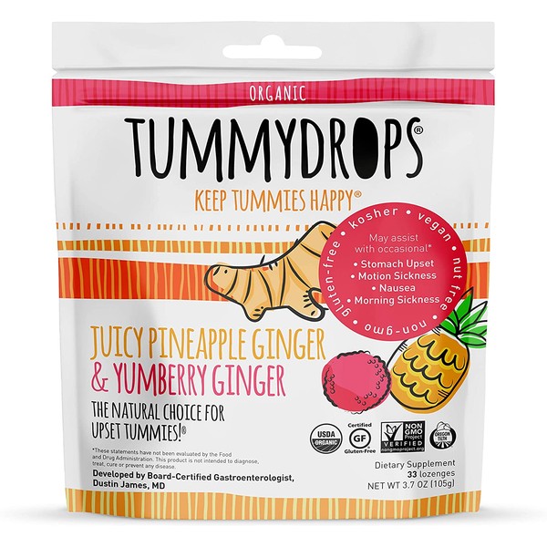 USDA Organic Tropical Ginger Tummydrops Variety Pack (Resealable Bag with 33 Individually Wrapped Drops, Mix of Pineapple & Yumberry)