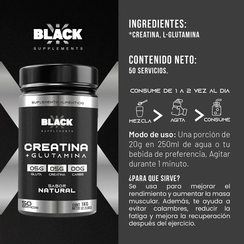 Black Creatina Glutamina 1 Kg 50 Servicios