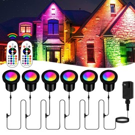 6-in-1 Color Changing Landscape Lighting Kit,6 Pack Low Voltage RGBW Landscape Ground Lights with Transformer &Remote 75FT Wire,16 Color+ Warm White Uplights for Hollween Garden,Tree,Patio 36W