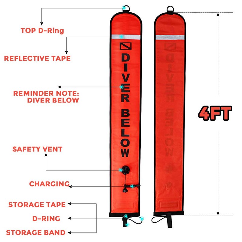 Seafard 4ft Red Scuba Diving Open Bottom Surface Marker Buoy