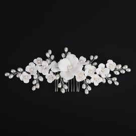 BERYUAN White Flower Pearls Wedding Hair Comb Elegant Flower Pearls Hair Side Comb Silver Bridal Hair Comb for Wedding Handmade Pearls Flower Bridal Headpiece for Women Girls