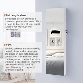GISSAR Full Length Mirror Jewelry Cabinet, 6 LEDs Jewelry Armoire Wall Mounted Over The Door Hanging, Jewelry Organizer Storage with Lights Lockable White