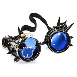 Steampunk Victorian Style Spike Goggles Colored Lenses & Ocular Loupe Mad Scientist (Blue)