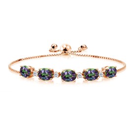 Gem Stone King 8.22 Cttw Oval Green Mystic Topaz and White Topaz 18K Rose Gold Plated Silver Bracelet For Women | Oval 8X6MM and Round 2.5MM | Adjustable Bolo Bracelet For Women