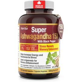 Herba Ashwagandha Supplement - 150 Capsules | 6000mg Per Day | 15:1 Extra Strength Ashwagandha Capsule with Black Pepper | Adaptogen for Energy & Stress | Made in Canada