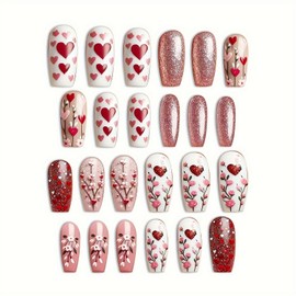 24 Pcs Valentines Day Glitter Press on Nails Glossy Fake Nails Red Heart and Flowers Design Medium Coffin False Nails Sparkly Full Cover Stick on Nails Valentines Nails for Women DIY Manicure Decor