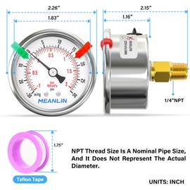 MEANLIN MEASURE -30inHG~30Psi Vacuum Gauge Stainless Steel 1/4" NPT 2" FACE DIAL Waterproof for Air Compressor HVAC Negative Pressure Hand Pump Pool Center Back Mount (with 2PCS Snaps)