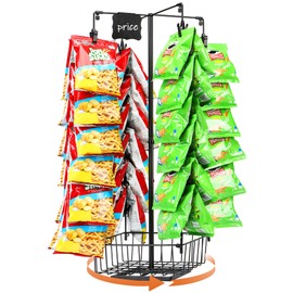 GADFISH GADFISH Chip Rack Display Stand with Basket, 4-Row 56 Clips Snack Retail Display Rack, 360 Rotation Black Chip Holder Candy Display Rack Organizer for Pantry, Party, Countertop, Concession Stand