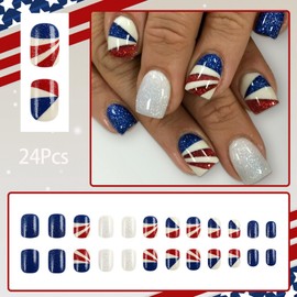 24Pcs 4th of July Press on Nails Short Square Fake Nails Independence Day False Nails with Glitter Sequin Design Red White Blue Nails Acrylic Nails Press ons Artificial Glue on Nails for Women Girls