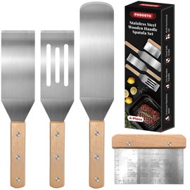 POSOSTO 4Pcs Stainless Steel Metal Spatula Set- Teppaniyaki Spatulas - Griddle Scraper Flat Spatula Pancake Flipper- Metal Utensil great for BBQ Grill Flat Top Cast Iron Griddle Accessories