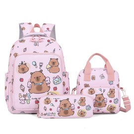 HarnyLoom Capybara Backpack Stationery Set - School Bag Boys, Small Tote Bag & Girls Pencil Case, Back to School Supplies Stationary Set for Kids & Students (Pink)