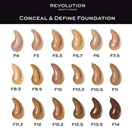 Makeup Revolution Conceal & Define - Base de maquillaje en crema, cobertura completa, para tonos de piel medianos, vegano y libre de crueldad, F10, 0.