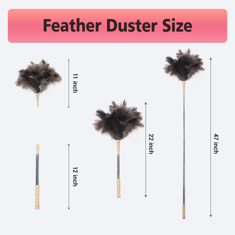 Extendable Ostrich Feather Duster, Natural Ostrich Feathers Long Handle Duster