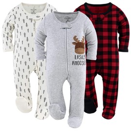 The Peanutshell Footed Baby Sleepers for Boys or Girls, Buffalo Plaid & Woodland, 3 Pack Set (3 Month) Red