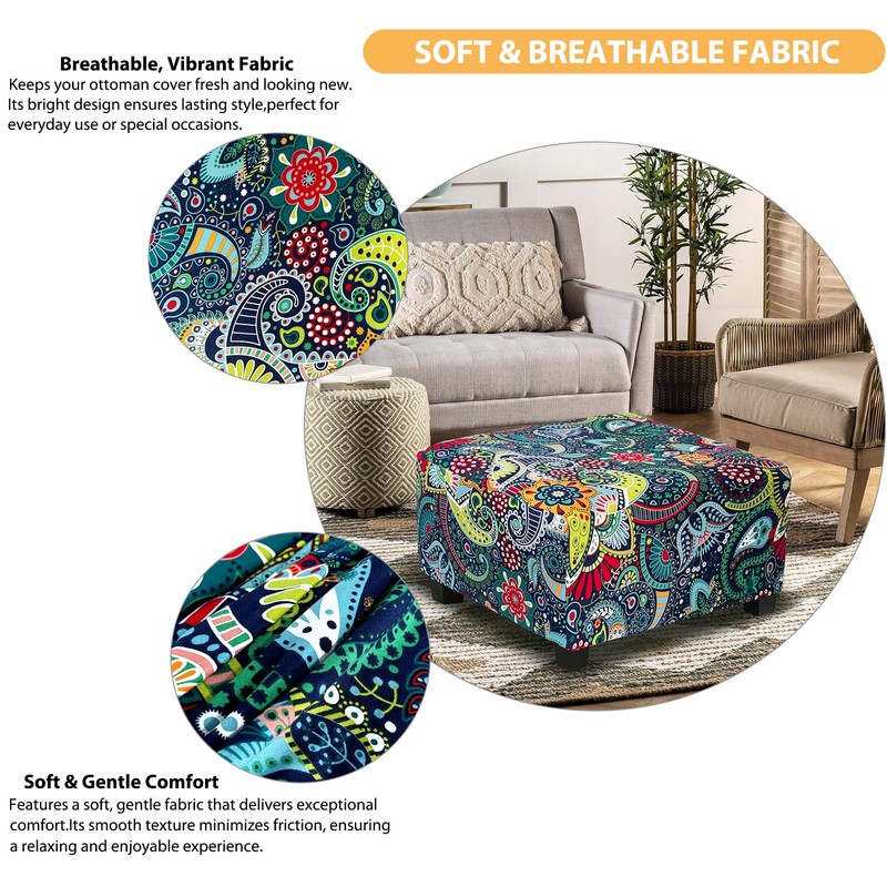 TOPHMDECOR Large Ottoman Cover Square Slipcovers Printed,Stretch Footrest Stool Cover