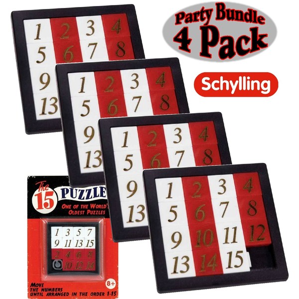 Schylling The 15 Puzzle (Number Slide Brain Teaser) with Clear Carry Case Party Bundle - 4 Pack