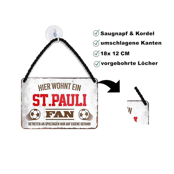 Tin Sign with German Text "Hier Wohnt ein St. Pauli Fan" [German Language] Hanging Sign for Football Enthusiasts, Decorative Item Sign, Gift Idea, 18 x 12