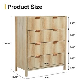 XUZENEST 4 Drawer Dressers for Bedroom, Modern Closet Chest of Drawers with Waveform Fluted Panel, Large Wood Storage Dresser Organizer for Nursery Bedroom Living Room Hallway Closet, Natural