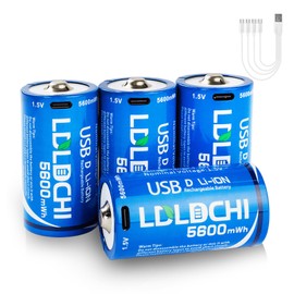 LDLDCHI Rechargeable Lithium D Batteries 4 Pack - 1.5V 5600mWh D Cell Rechargeable Batteries with 4-in-1 Charge Cable, 1000 Cycles for Flashlight, Water Heater, Gas Stove