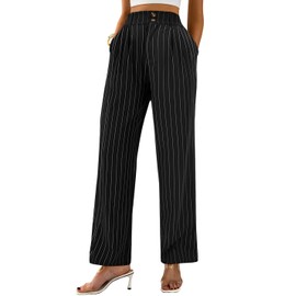 AUXDIO Womens Straight Leg Pants Casual High Waisted Stretchy Double Buttoned Trousers Work Business Dress Pant Black Stripe Large