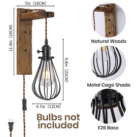 Plug-in Wall Sconces Set of 2，Vintage Farmhouse Wooden Wall Lights with On/Off Switch Cord, Rustic Wood & Metal Cage Wall Lighting for Bedroom, Living Room, Entryway,E26 Base.