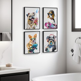 Framed Funny Bathroom Wall Art, Set of 4 Fun Pet Dog Prints Painting Artwork for Walls, Cute Puppy Bulldog Beagle Corgi Yorkie Listening Music Blowing Bubbles Picture for Bedroom Nursery Baby Kids Room Wall Decor