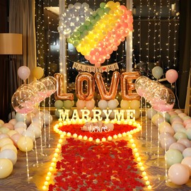 2031 Pcs Marry Me Light Up Letters Proposal Decorations, Marry Me Sign with 24 Pcs Heart Flameless Candles 2000 Pcs Rose Petals for Wedding Proposal Romantic Night Decor
