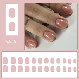 Silver Glitter Press on Nails Short Square Fake Nails with Design French Tips Glue on Nails Nude Stick on Nails Glossy Reusable Spring Summer False Nails for Women Girls Daily Wear Manicure 24pcs