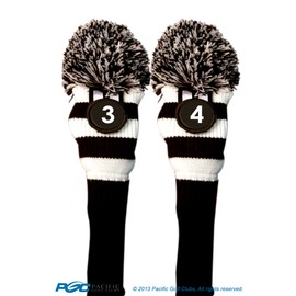 Majek #3 & #4 Hybrid Combo Pack Rescue Utility Black & White Golf Headcover Knit Pom Pom Retro Classic Vintage Head Cover