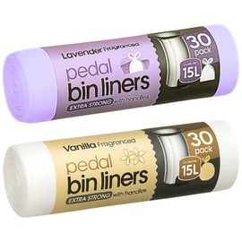 60 Extra Strong Scented Bin Liners 15L | Fragranced Pedal Bin Bags Lavender bags, Vanilla, 2 rolls of 30