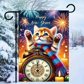 BlissYard Happy New Year Garden Flag Cat Happy New Year Garden Flag 12x18 Inch Winter Christmas Cat Flag Double Sided Cat and Clock Yard Decoration Fireworks Welcome New Year Eve Yard Flag Sign