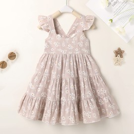 YOUNGER TREE Toddler Baby Girl Dress Summer Outfits Floral Flutter Sleeve Smocked Dress Kids Causal Boho Dresses Clothes (3-4T, Khaki Daisy)