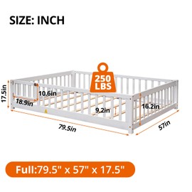 i-POOK Full Size Floor Bed for Children, Solid Wood Montessori Bed Frame with Fence & Door Montessori Floor Bed with Safety Guardrails for Girls and Boys, White (with Bed Slats)