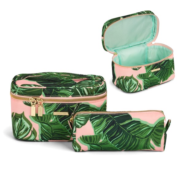 Conair Travel Makeup Bag, Large Toiletry and Cosmetic Bag, Perfect Size for Use At Home or Travel, Two Piece Train Case Set in Pink Palm Print