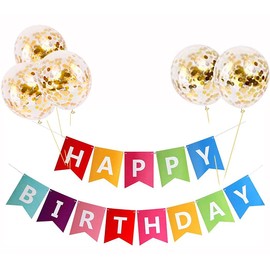 Delex Happy Birthday Banner Birthday Bunting with 5 Gold Confetti Latex Balloons Perfect for Birthday Party Decorations Multicolour