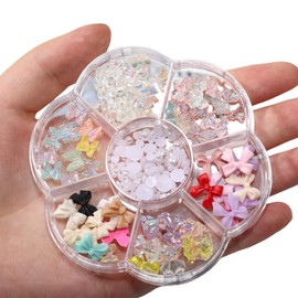Aurora Nail Bow Charms, 1 Box of 7 Compartments Bow Bear Butterfly Beads Mixed 3D Nail Art Decoration Nail Beads for Nail Art Design DIY Jewellery Making (C Pattern)