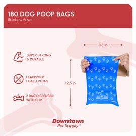Downtown Pet Supply Poop Bags for Dogs with Dispenser, 180 Count - Leak-Proof Dog Waste Bags and Bone-Shaped Dog Poop Bags Holder for Leash - Rainbow with Paw Prints, 12.5" x 8.5"