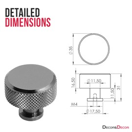 Decoranddecor Amelia Knurled 35mm Round Kitchen Cabinet Furniture Knobs Aluminium Nickel Black