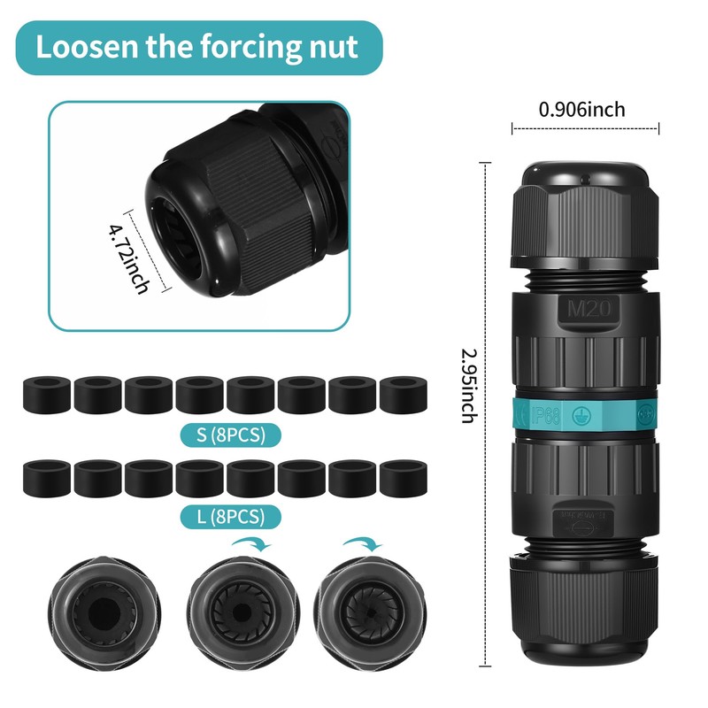 Pack of 4 Cable Connectors Waterproof IP68 for Diameter 5-12