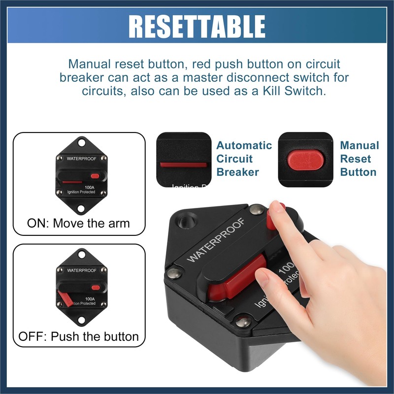 INFINAUTO Waterproof 100A Circuit Breaker with Auto Reset Fuse12V- 48VDC