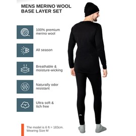 Merino.tech Merino Wool Base Layer Mens Set - Midweight Merino Wool Thermal Underwear For Men Top, Bottom (Large, Black Oil)