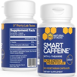 NATURAL STACKS Smart Caffeine Pills - 100mg Caffeine + 200mg L-Theanine Supplement - Supports Energy and Focus - No Jitters and No Crash - 60 Capsules