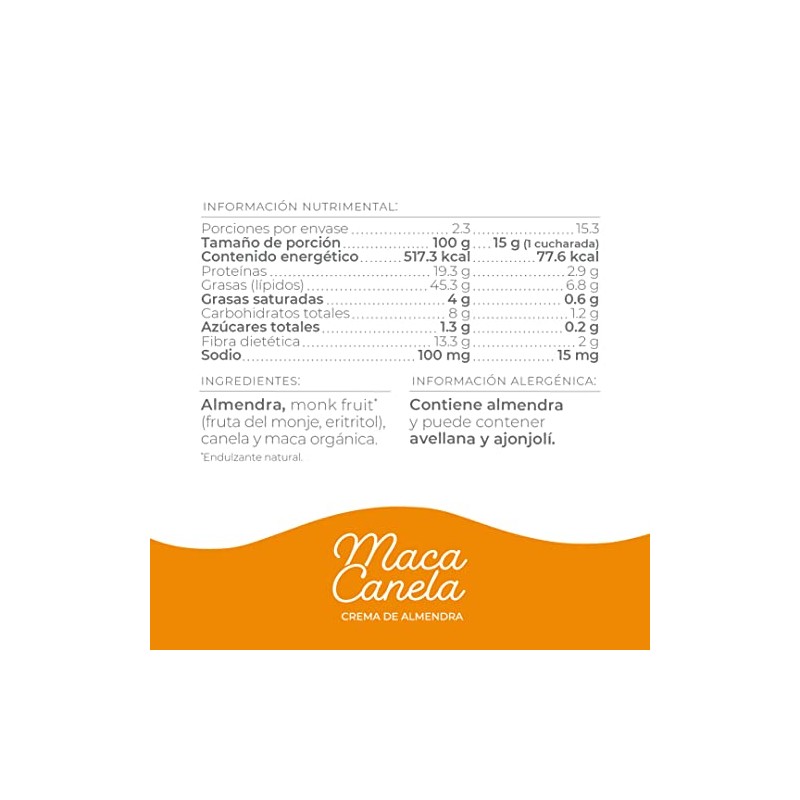 Sarais Crema de Almendra Maca Canela, natural,super-food, nutritiva 430g