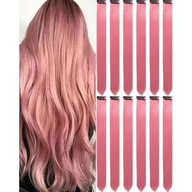 12 extensiones de cabello de color rosa con clips, extensiones de cabello liso de color rosa con reflejos para fiestas, accesorios para mujeres,