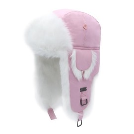 Kurhatic Winter Trapper Hat, Warm 100% Rabbit Fur Aviator Hat, Russian Trooper Hunting Ski Hat with Ear Flaps for Men & Women L Pink