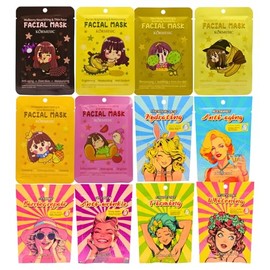 Kit de 12 Mascarillas faciales coreanas surtidas - Ceramidas, resveratrol, acido hialuronico, oligopeptidos, colageno, nicotinamidas, esencias de plátano, moras, duria, olivo, piña y tomate cherry