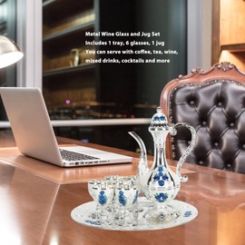 Alloy Wine Glass Pot Set Vintage Turkish Coffee Pot Set Tea Set Tea Tray Teapot for Home Bar, Tea Party (Sliver White Blue)