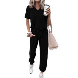 MASCOMODA Womens 2 Piece Outfits Summer Casual V Neck Short Sleeve Tops Long Pants Tracksuit Lounge Jogger Set with Pockets(Black,Large)
